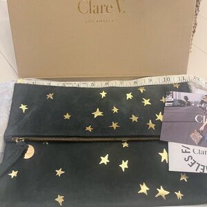 Clare V Margo Foldover Blue Clutch with Gold Stars
